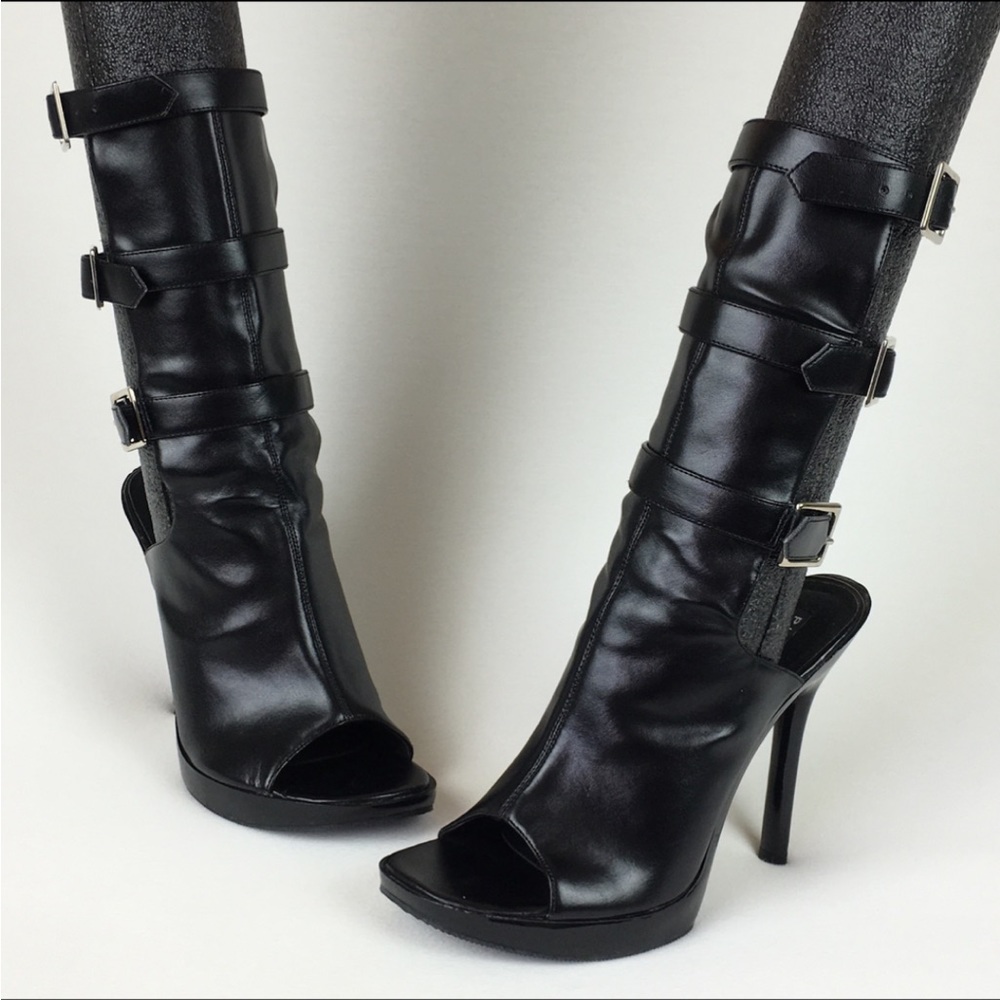 Pleaser Vogue open toe sandal boots black 3 buckle straps mid calf women 7 new - Picture 2 of 8